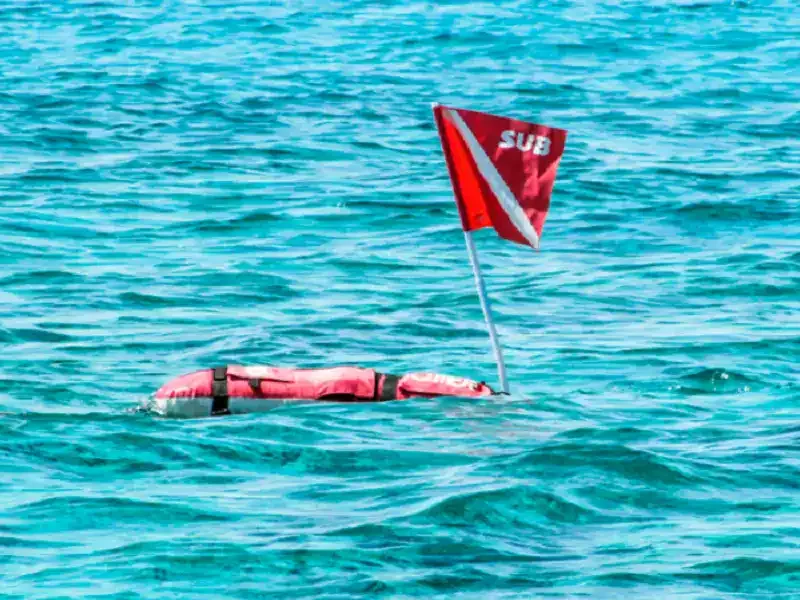 when you see a red flag with a white diagonal stripe (divers-down flag/device), you must